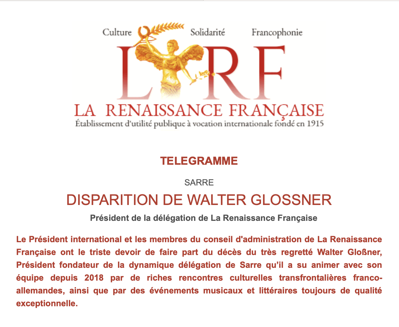 Le message annonçant le décès de Walter Glossner